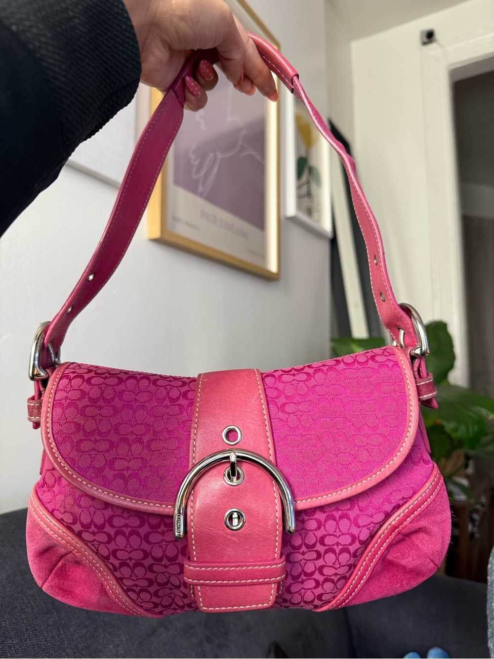 Coach Hot Pink Signature mini soho Bag with Silver Buckle